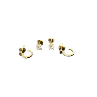 Brinco Dupla Ponto Argola zircônia Prata 925 Ouro 18 K