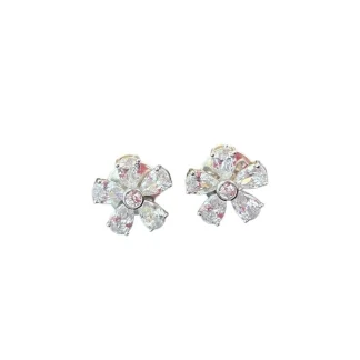 Brinco flor zircônia branca M Prata 925 Ródio