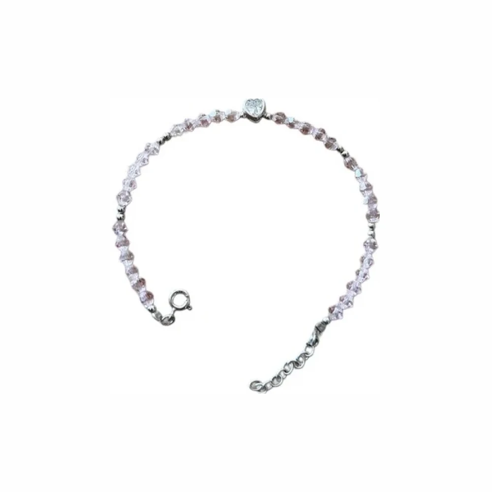 Pulseira Cristal coração rosa 17 cm com alongador Prata 925 Lisa, Bottega D'Oro