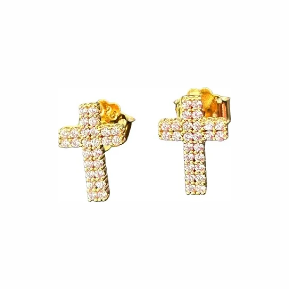 Brinco Cruz zircônia P Prata 925 banho de ouro 18k, Bottega D'Oro