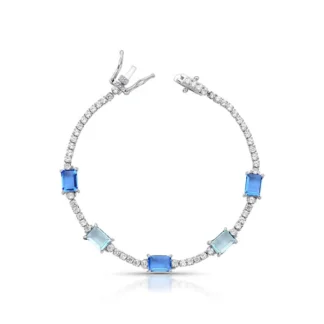 Pulseira Riviera retangular topázio azul fusion zircônia 17 cm Prata 925 Ródio