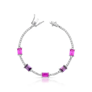 Pulseira Riviera retangular topázio rosa ametista fusion zircônia 17 cm Prata 925 Ródio