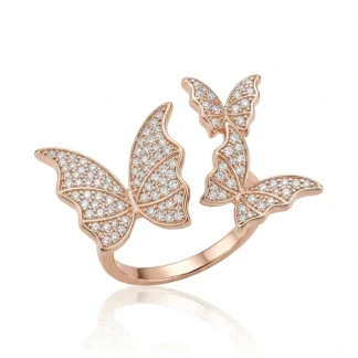 Anel 3 Borboletas Zircônia Prata 925 Ouro Rosê
