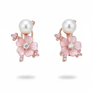 Brinco Flor zircônia madre pérola e pérola Prata 925 Ouro Rose
