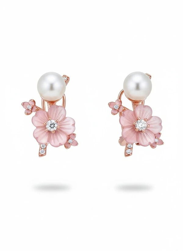 Brinco Flor zircônia madre pérola e pérola Prata 925 Ouro Rose, Bottega D'Oro