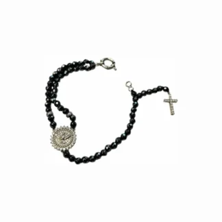 Pulseira Terço Espírito Santo Hematita fecho bóia Prata 25 Ródio