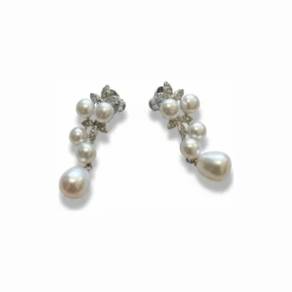 Brinco Flor pérola natural e zircônia longo Prata 925 Ródio