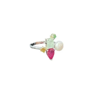 Anel Quadrado Esmeralda Rubi Pérola Fusion Colors Prata 925 Ródio