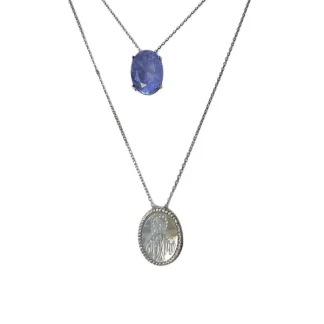Colar Escapulário Fusion Tanzanita madre pérola zircônia branca 70 cm Prata 925 Ródio