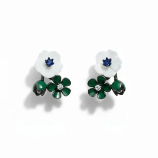 Brinco Flor resina madre pérola Prata 925 Ródio Negro