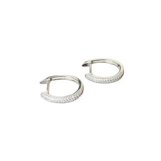 Brinco argola oval zircônia cravejado M Prata 925 Ródio