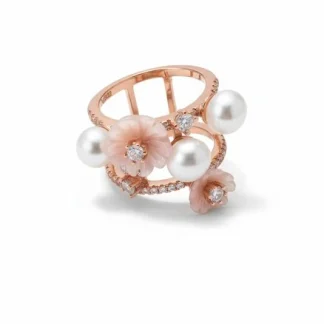 Anel 2 fileiras zicônia pérola e madre pérola Prata 925 Ouro Rose
