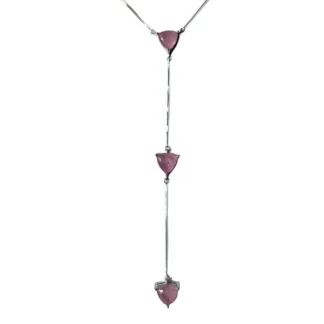 Colar Gravata 3 pedras quartzo rosa fusion Prata 925 Ródio