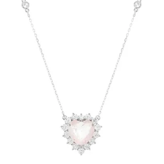 Colar Coração fusion quartzo rosa zircônia 20 mm Prata 925 Ródio