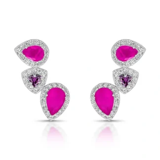 Brinco Ear Cuff três gotas topázio rosa ametista fusion zircônia Prata 925 Ródio