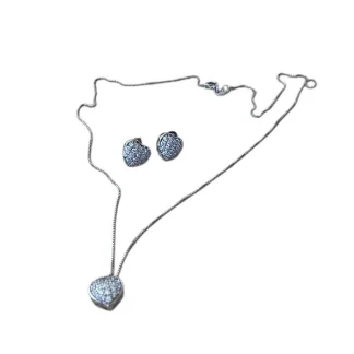 Conjunto Colar Brinco Zircônia Coração Prata 925 Ródio