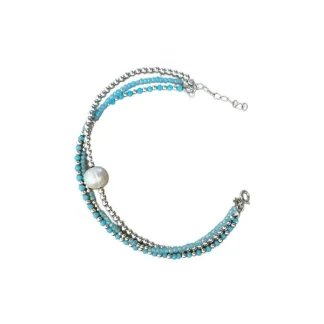 Pulseira tripla com pérola e turquesa fusion 17 cm com alongador Prata 925 Ródio