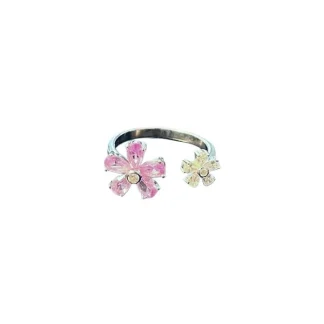 Anel 2 flores aberto topázio rosa fusion e zircônia Prata 925 Ródio