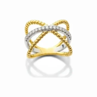 Anel X com zircônia Prata 925 Ródio e Ouro 18k