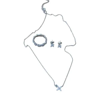 Conjunto Colar Brinco Anel Cristal Prata 925 Ródio