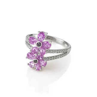Anel 2 flores Topázio Rosa fusion Zircônia Prata 925 Ródio