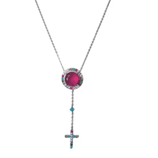 Colar Redondo Rubi Cristal Cruz Prata 925 Ródio