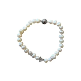 Pulseira pérola com Triangulo Zircônia 17 cm fecho imã Prata 925 Ródio
