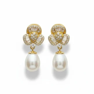 Brinco Trevo pérola baguete zircônia Prata 925 Ouro 18 k