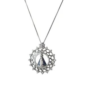 Colar Nossa Senhora Redondo renda safira azul fusion Prata 925 Ródio