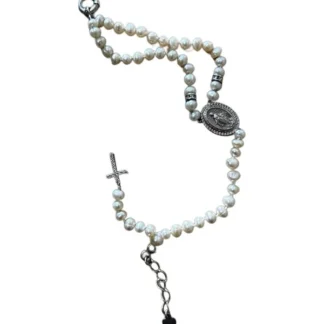 Pulseira Terço Nossa Senhora Pérola Barroca fecho boia Prata 925 Ródio