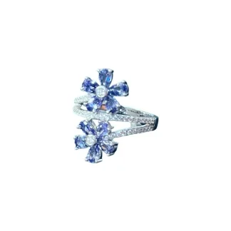 Anel 2 flores zircônia tanzanita Prata 925 Ródio