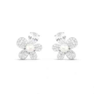 Brinco Flor micro cravação zircônia pérola natural Prata 925 Ródio