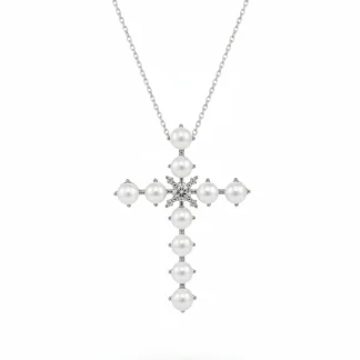 Colar Pérola cruz cravejada zircônia Prata 925 Ródio 60 cm Prata 925 Ródio