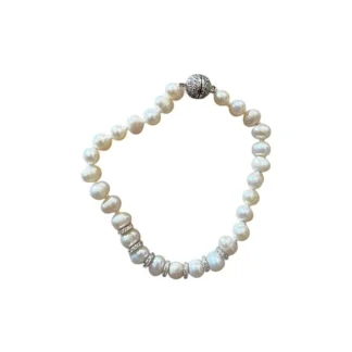 Pulseira pérola com Argolas em Zircônia 17 cm fecho imã Prata 925 Ródio