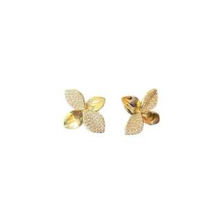 Brinco Flor 4 pétalas zircônia micro cravação G Prata 925 Ouro 18 k