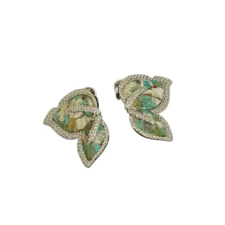 Brinco duas folhas verdes Zircônia Prata 925 Ródio