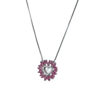 Colar Gravata Coração Zircônia Topázio Rosa fusion Prata 925 Ródio