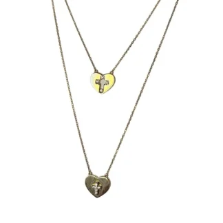 Colar escapulário dois coração Cruz zircônia Prata 925 Ouro 18K