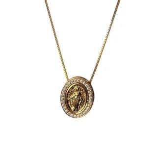 Colar Oval Nossa Senhora Milagrosa zircônia borda Prata 925 Ouro 18k