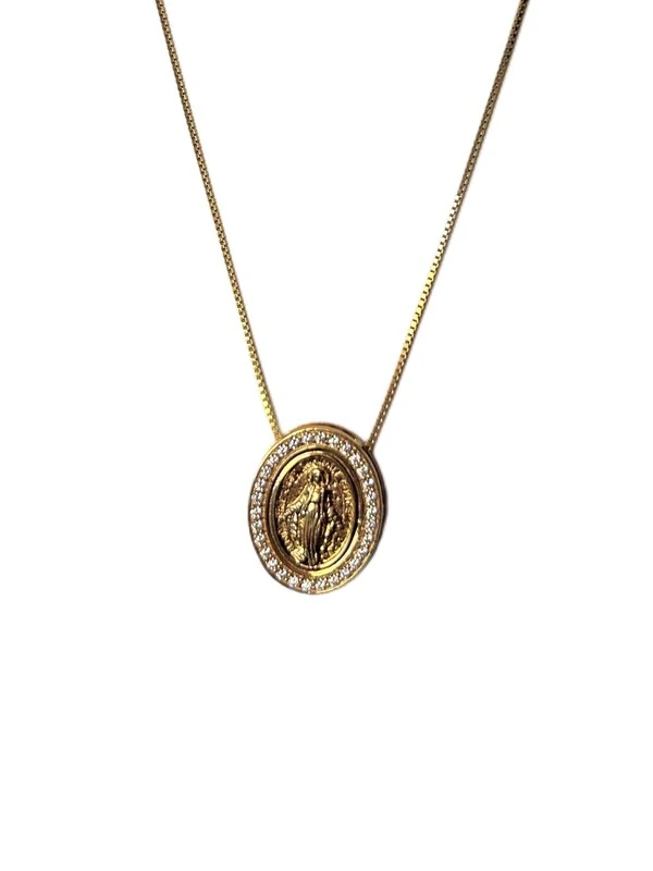 Colar Oval Nossa Senhora Milagrosa zircônia borda Prata 925 banho de ouro 18k, Bottega D'Oro