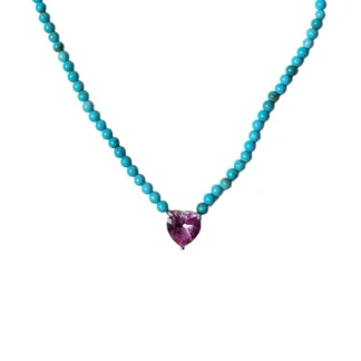 Colar turquesa coração zircônia rosa fusion Prata 925 Ródio