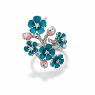 Anel Flor Buque resina azul zircônia Prata 925 Ródio
