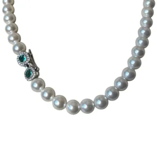 Colar Pérola fecho 2 pedras esmeralda fusion Prata 925 Ródio