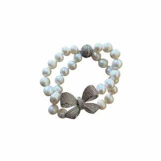 Pulseira Pérola Barroca Laço cravejado zircônia 17 cm Prata 925 Ródio