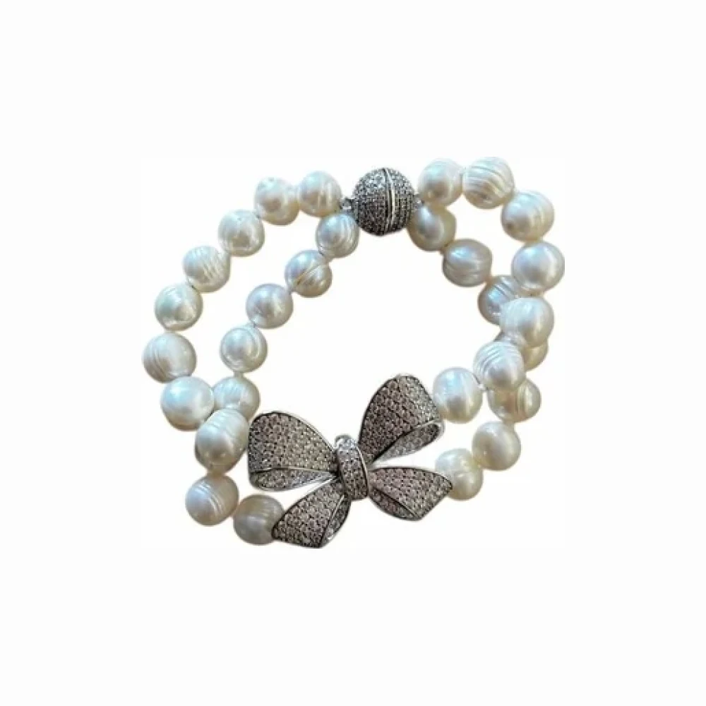 Pulseira Pérola Barroca Laço cravejado zircônia 17 cm Prata 925 Ródio, Bottega D'Oro