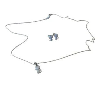 Conjunto Brinco e Colar Pet Gato zircônia Prata 925 Ródio