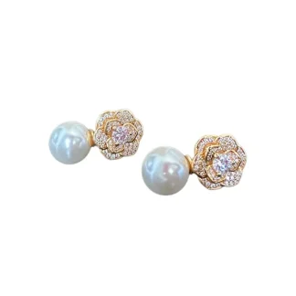 Brinco Pérola Flor Zircônia Prata 925 Ouro18K