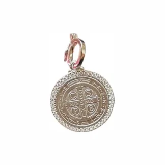 Pingente São Bento redondo zircônia 2 cm Prata 925 Ródio