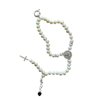Pulseira Terço Pérola Espírito Santo pérola barroca fecho boia 17 cm Prata 925 Ródio