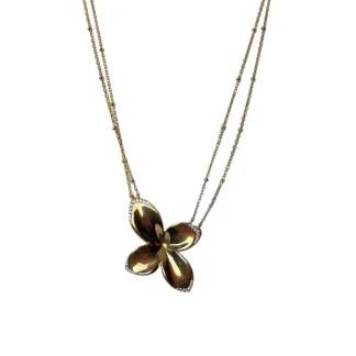 Colar Flor 4 pétalas zircônia borda lisa Prata 925 Ouro 18 k